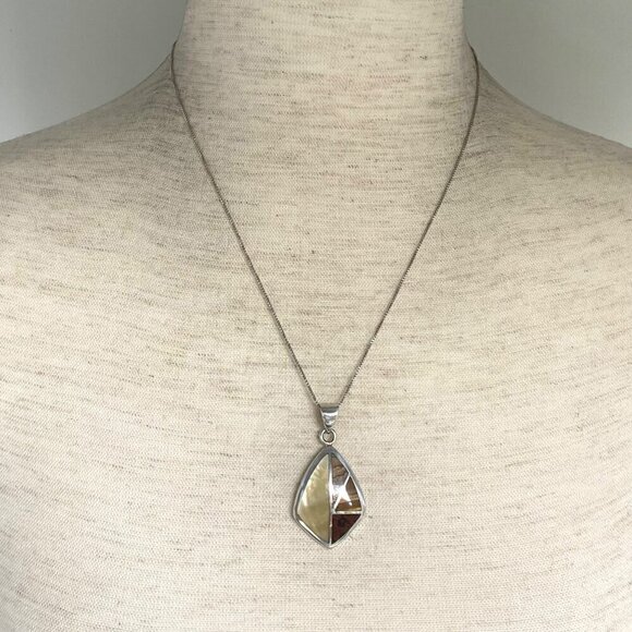 Sterling Silver 925 Mother Of Pearl Jasper Tigers Eye Inlay Pendants Necklace - Picture 2 of 16